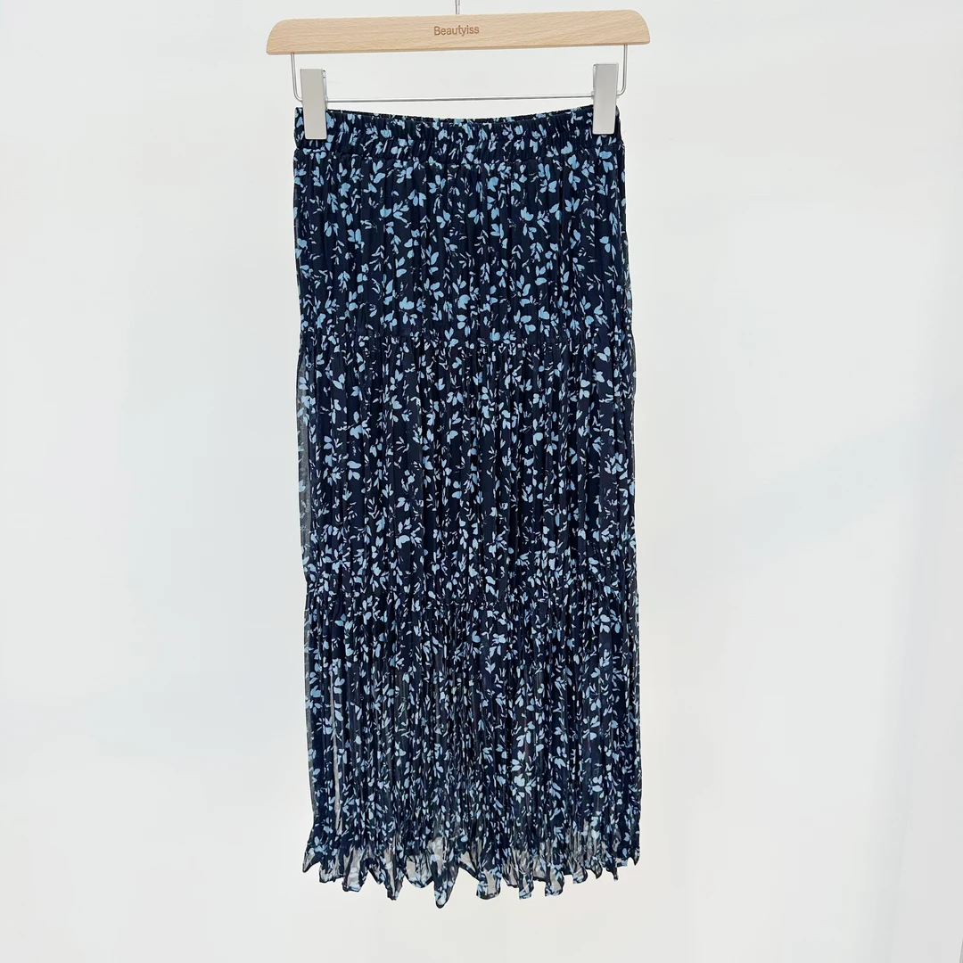 2025飞秒《薄荷草》夏季高腰百搭开叉印花复古显瘦中长半裙