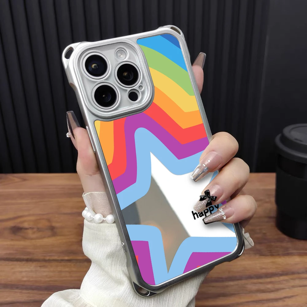 卡通星星彩虹电镀镜面四角挂绳适用苹果16pro华为vivo小米手机壳