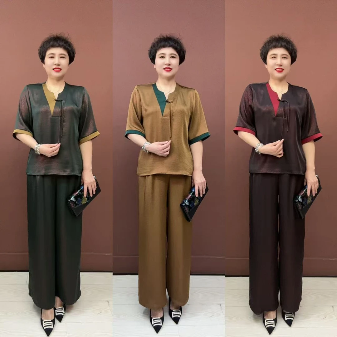 极简风常规中老年女装阔腿裤两件套夏季复古时尚夏装