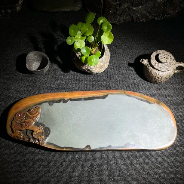 歙砚石刻干泡茶盘创意家用手工复古简约干泡盘泡台