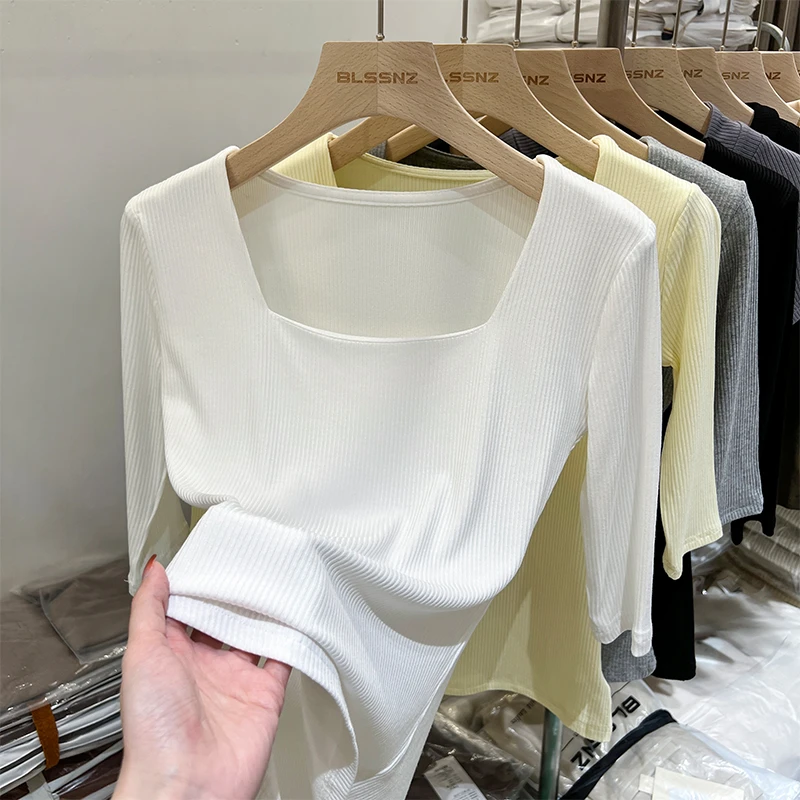 白色方领锁骨短袖t恤女2025新款七分袖修身显瘦上衣设计感小众女