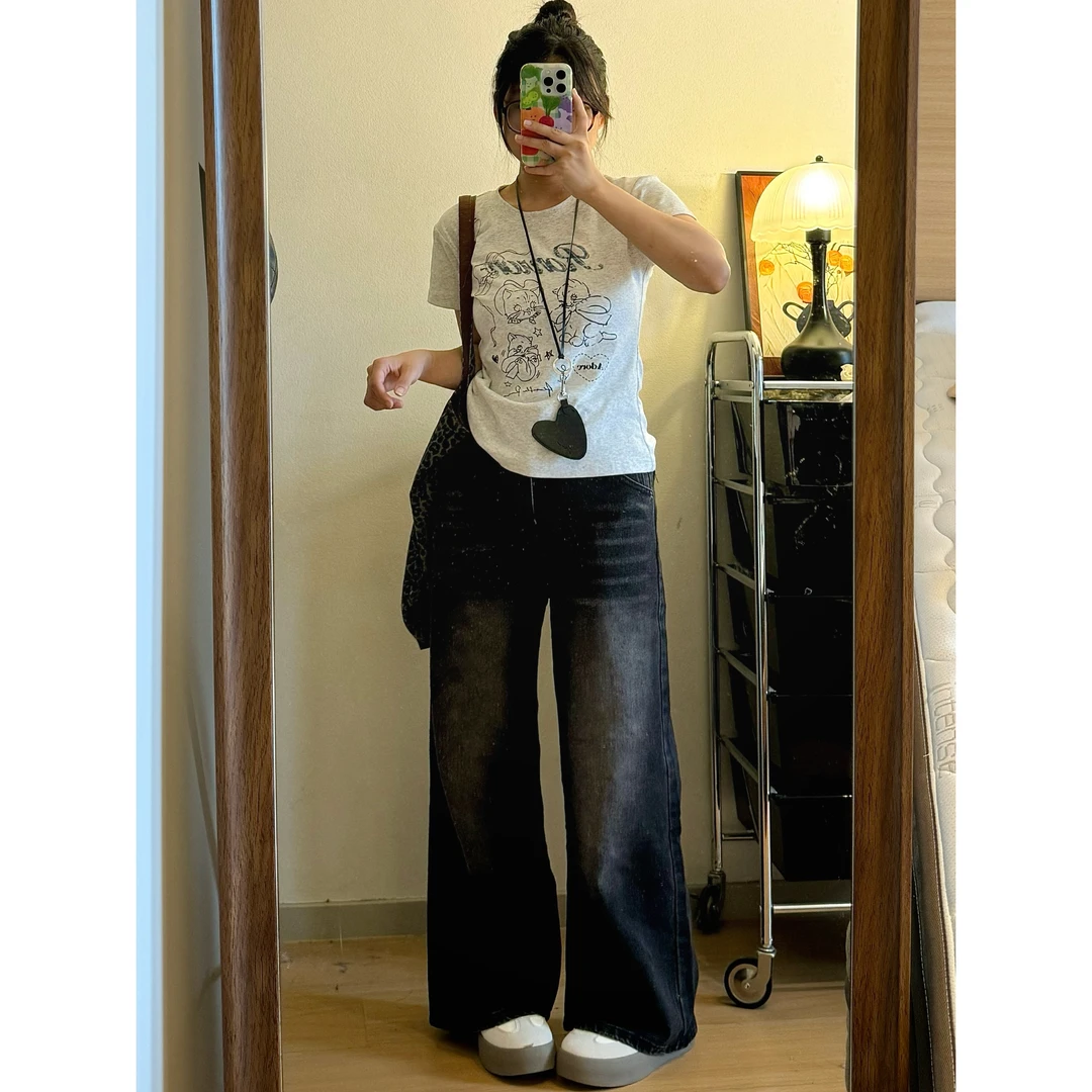 小个子美式水洗黑灰色直筒牛仔裤女高腰宽松显瘦垂感阔腿拖地长裤