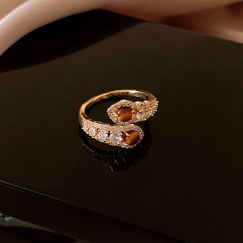 铜合金戒指 虎眼石开口戒指女高级独特设计感复古轻奢指环