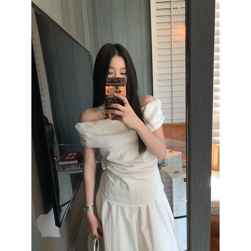 YOKLASS少女家 白色一字肩衬衫法式大码上衣 C34725S52