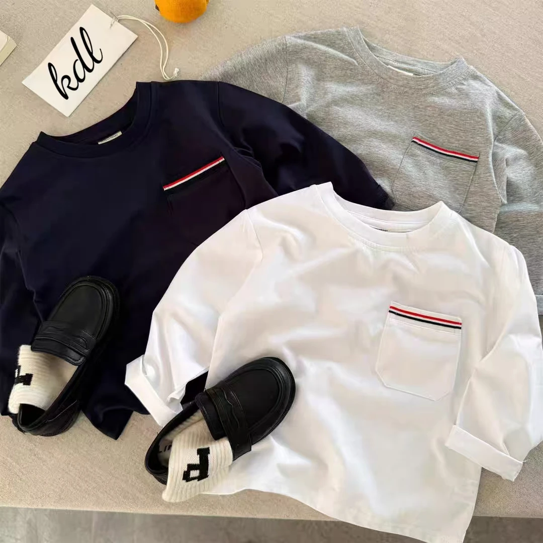 【耀火专属】春季新品韩版儿童T恤男女童口袋长袖T百搭简约打底衫潮