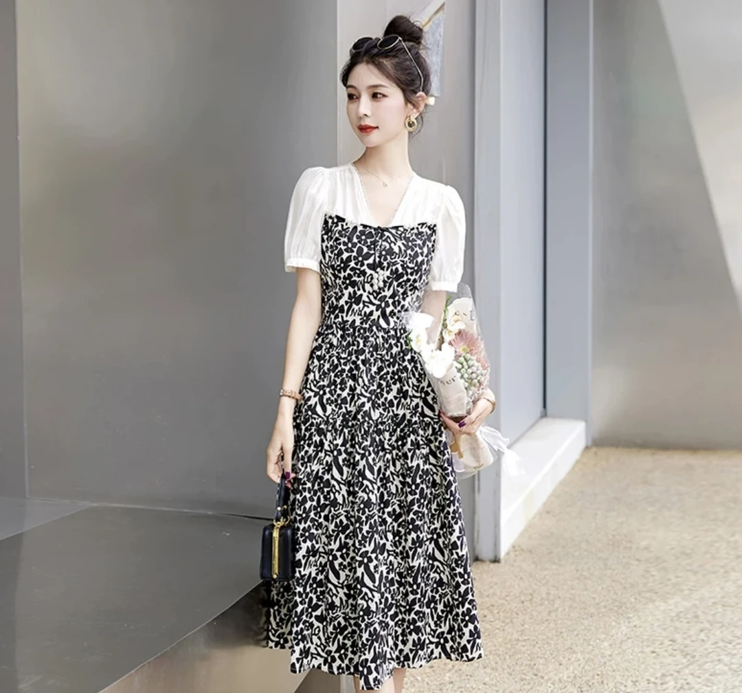 B069连衣裙气质时尚显瘦复古夏季洋气法式拼接