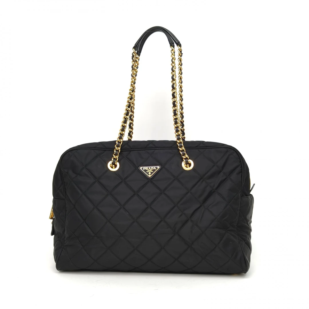 95新 Prada/普拉达 【娇】尼龙黑金波士顿保龄球手提单肩包 620402