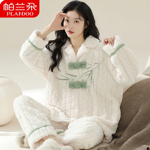 高极感睡衣女秋冬季家居服法兰绒冬天加厚加绒新款珊瑚绒冬款