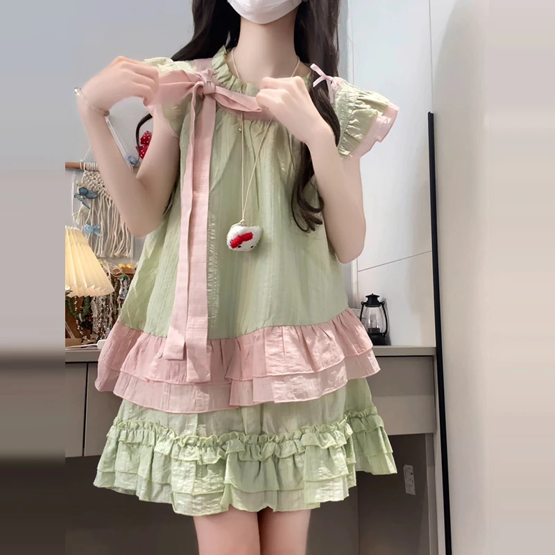 小飞袖蝴蝶结衬衫连衣裙子女夏季2025新款小个子甜美蛋糕短裙套装