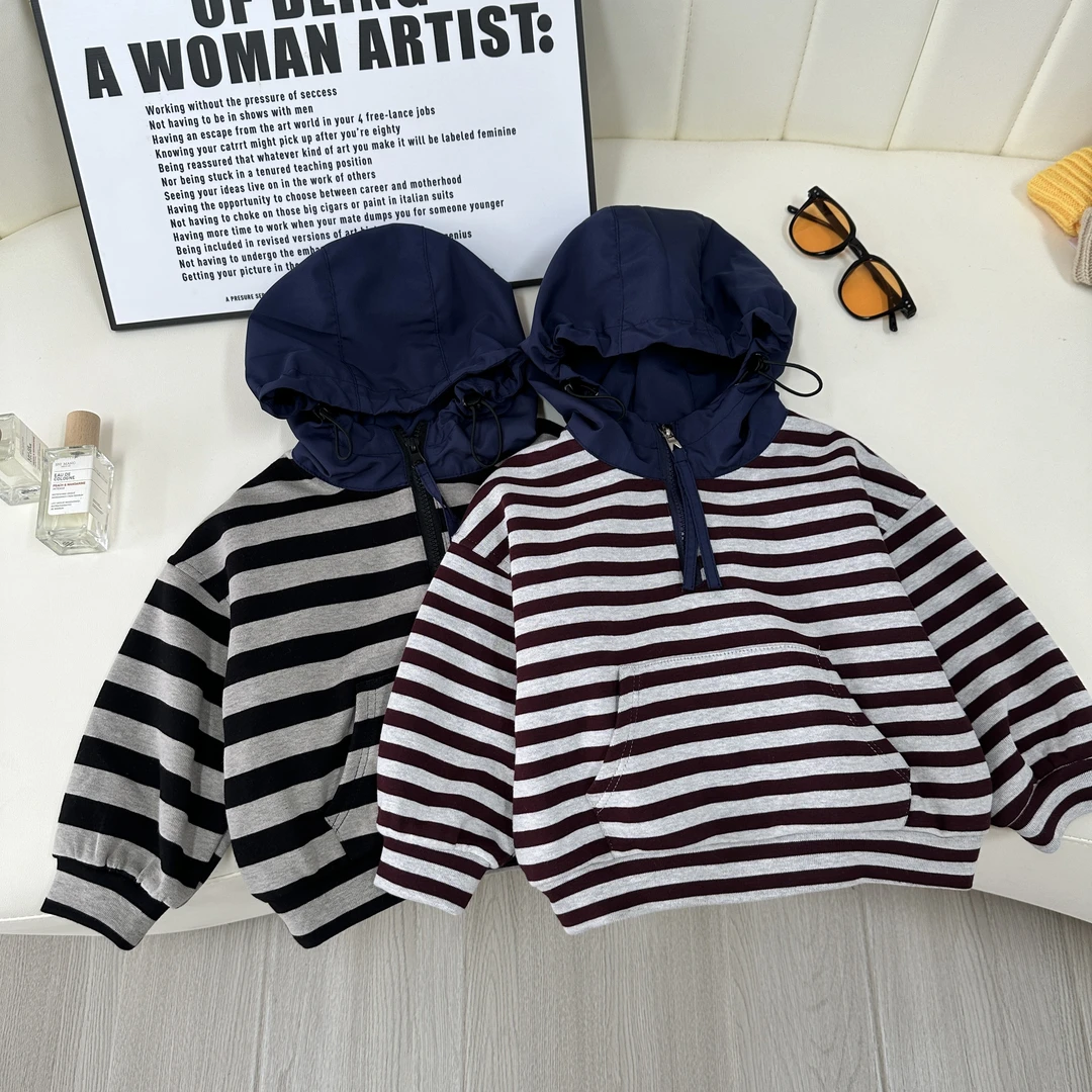 儿童连帽卫衣2025春秋新款男童时髦洋气条纹口袋拉链长袖