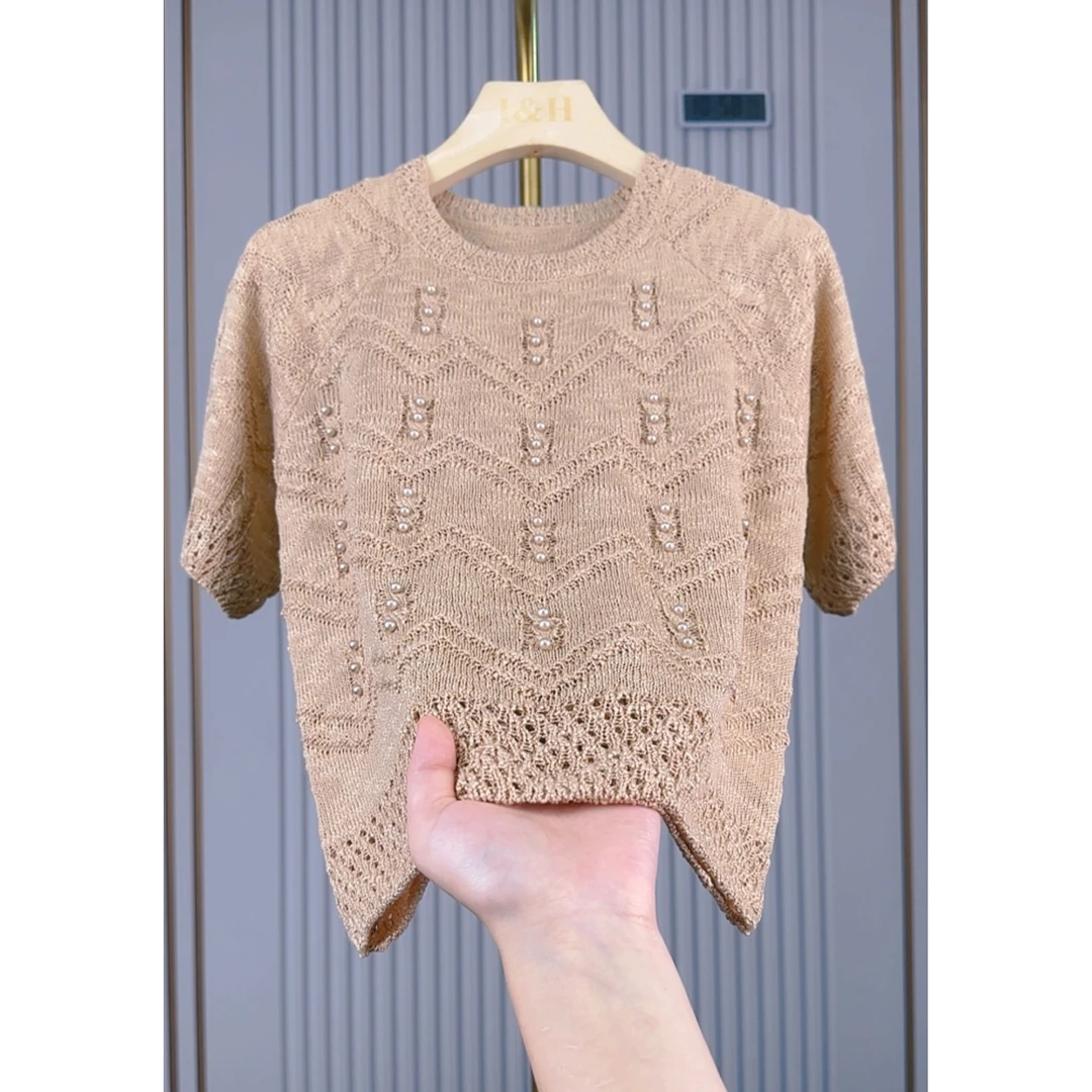 2025夏季新款气质百搭短袖上衣圆领宽松显瘦提花套头针织衫867