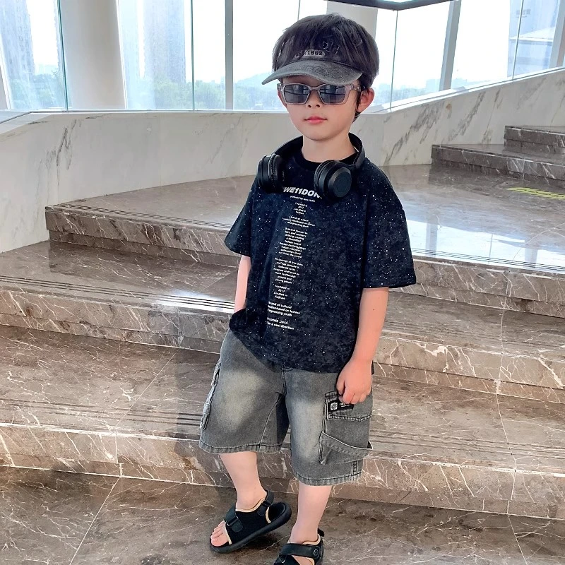 男童短袖T恤星空细闪烫钻潮流上衣男孩夏季纯棉体恤洋气儿童夏装