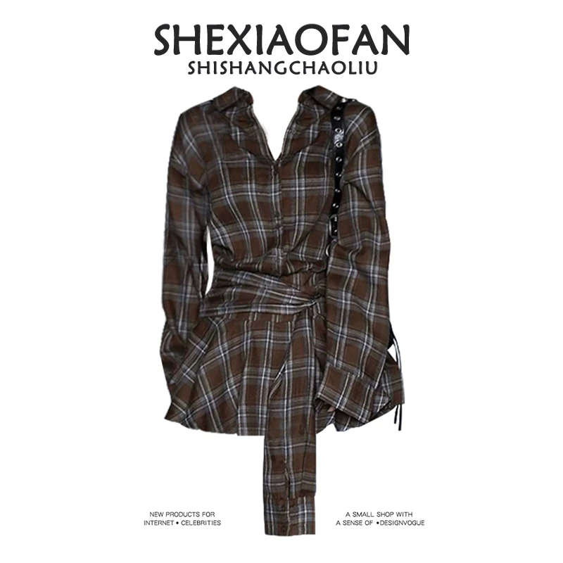 韩系复古收腰绑带格子衬衫女2025秋季新款设计感宽松显瘦气质上衣