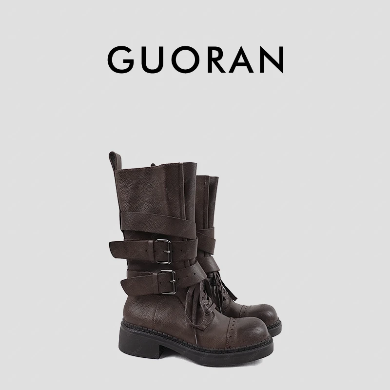 自我主义Effortless Chic战损骑士靴水洗牛皮扣袢带擦色机车靴