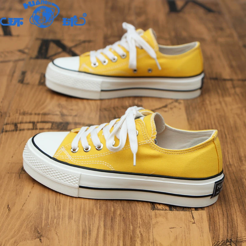 HUANQIU/环球厚底帆布鞋女2025秋季新款休闲运动板鞋百搭黄色球鞋