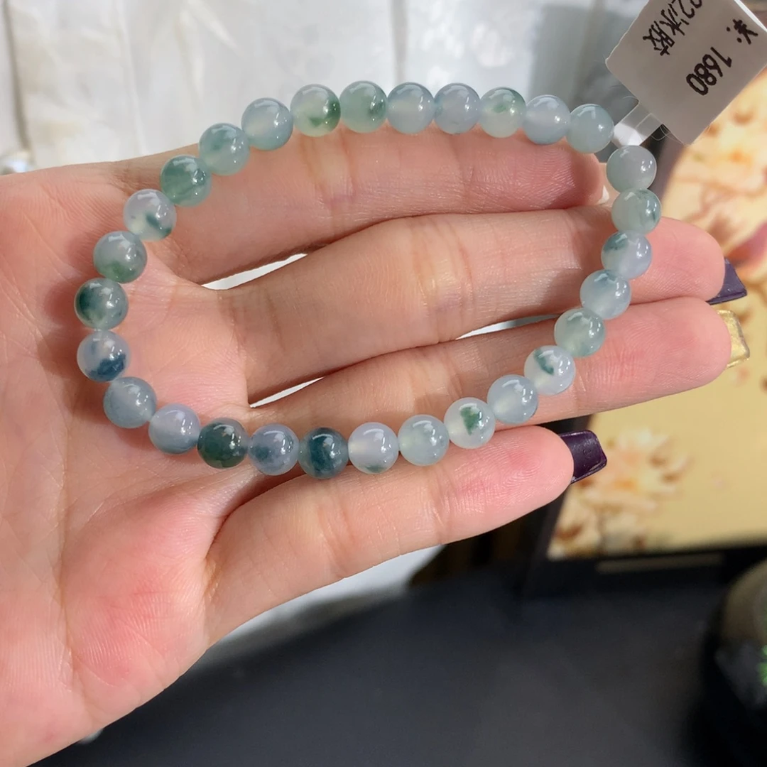 翡翠未镶嵌手串卡6冰胶蓝飘花手串