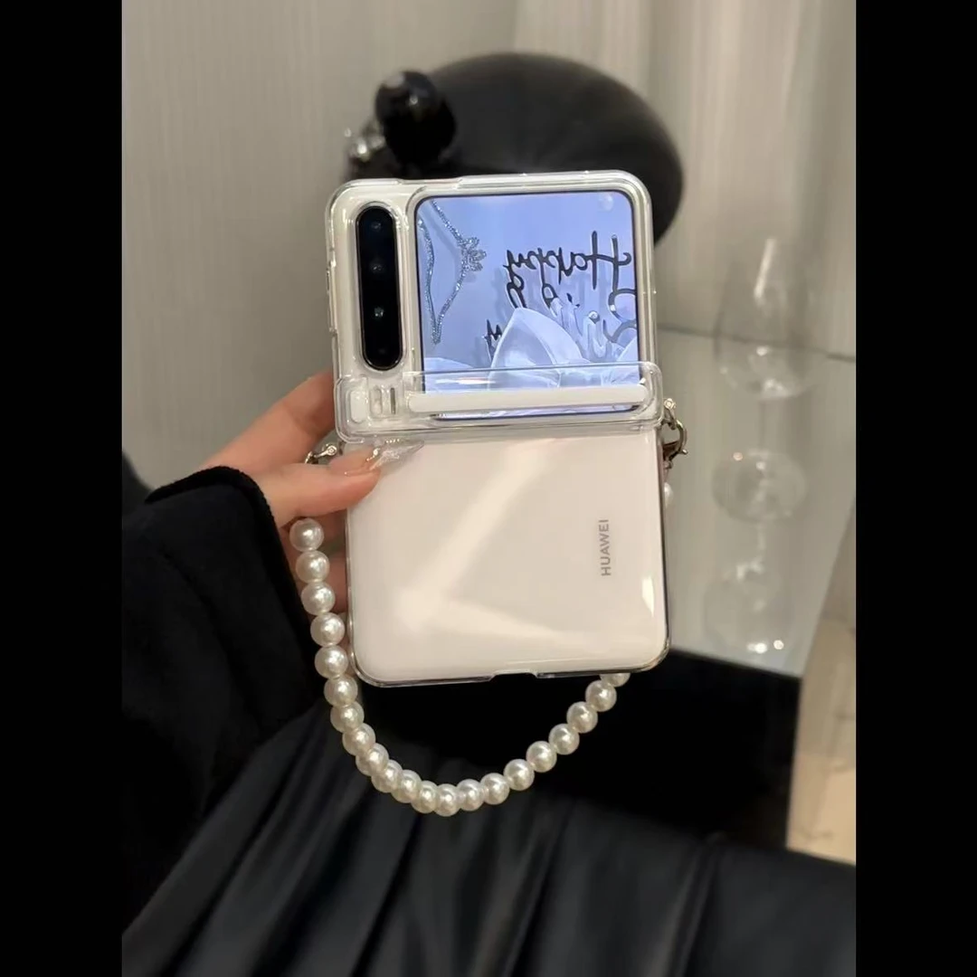 简约ins透明中轴磁吸保护珍珠挂链适用华为PuraX折叠屏防摔保护壳