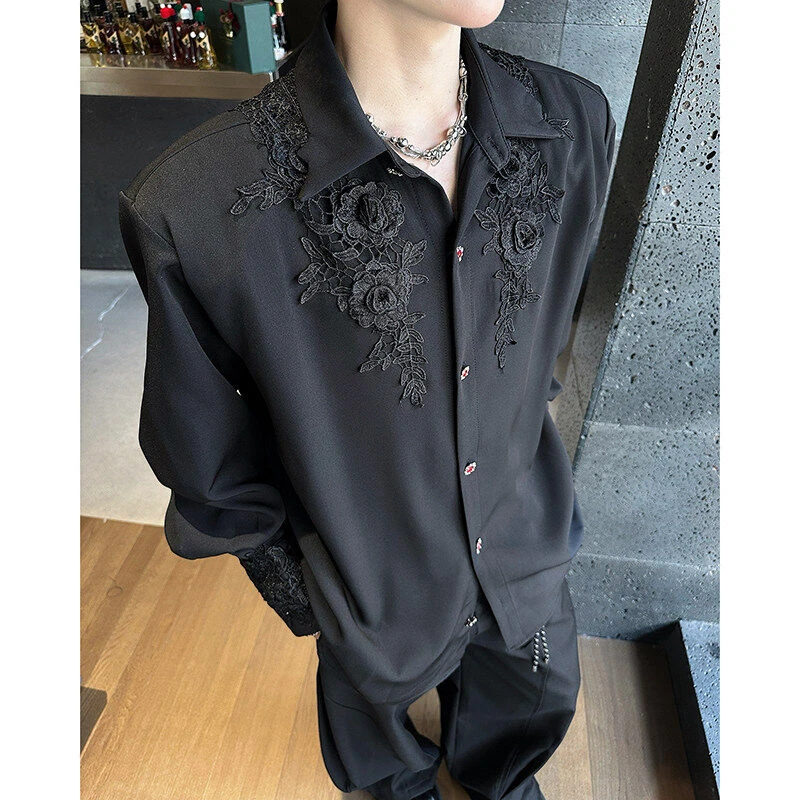 春夏新款高级感小众立体蕾丝玫瑰花衬衫男女长袖轻奢宝石丝滑衬衣