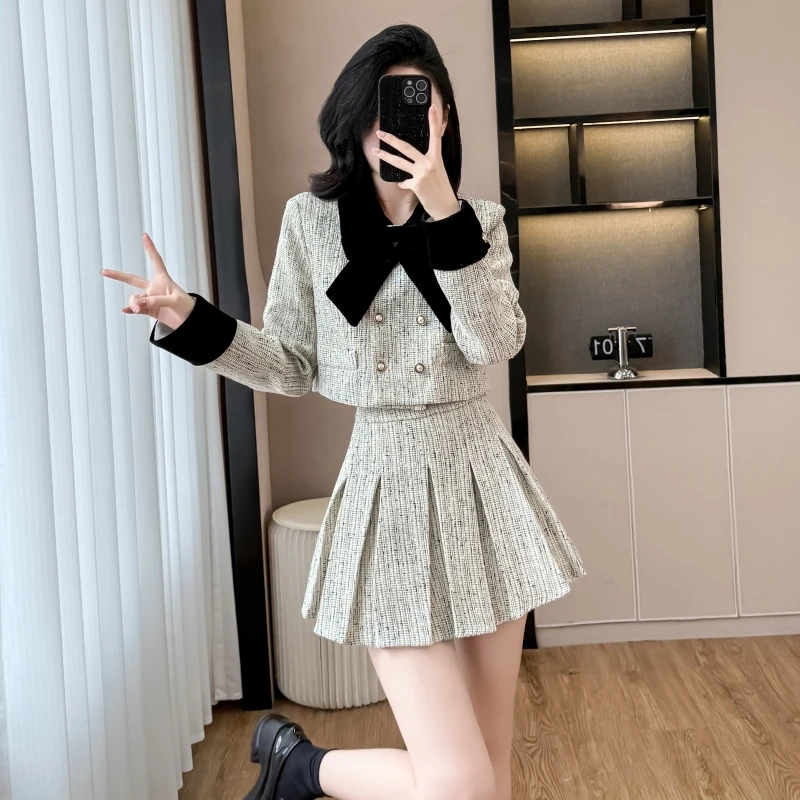 开春穿搭一整套小香风套装高级感气质短款外套百褶裙小个子两件套