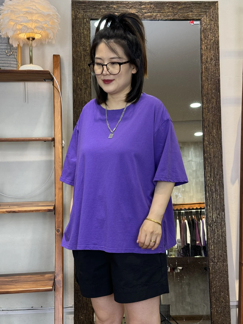 T恤-10633大码女装春夏棉质胖MM宽松纯色磨破文艺休闲百搭简约
