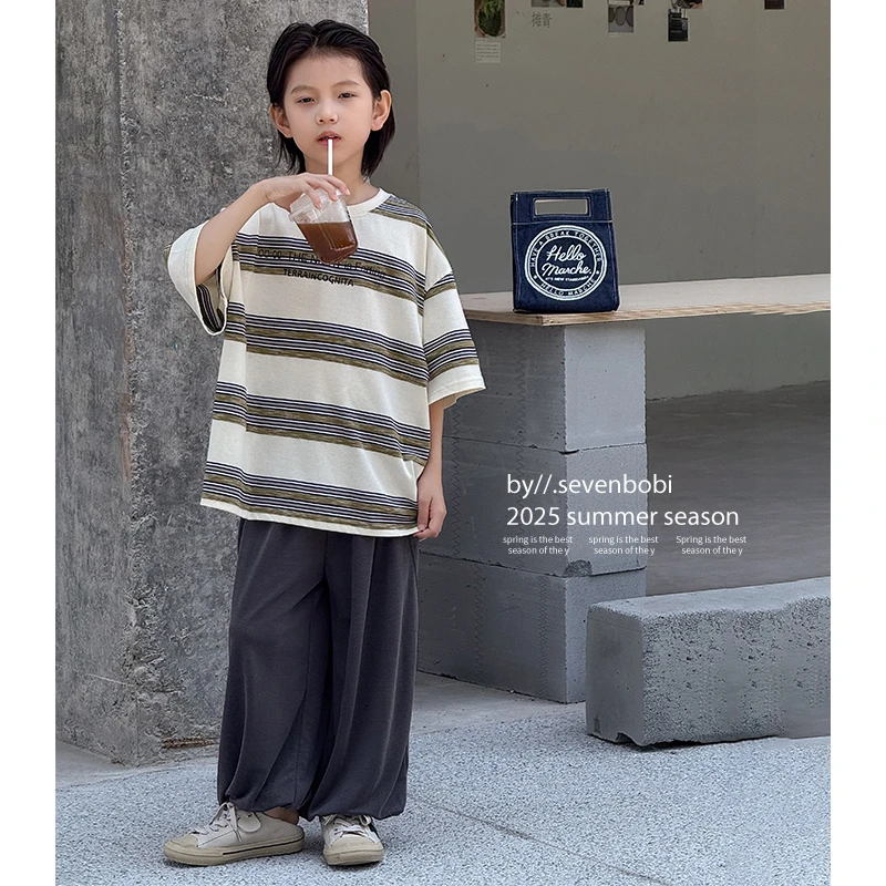 【现货】男童条纹短袖t恤儿童短袖2025新款韩版女童宽松上衣夏季