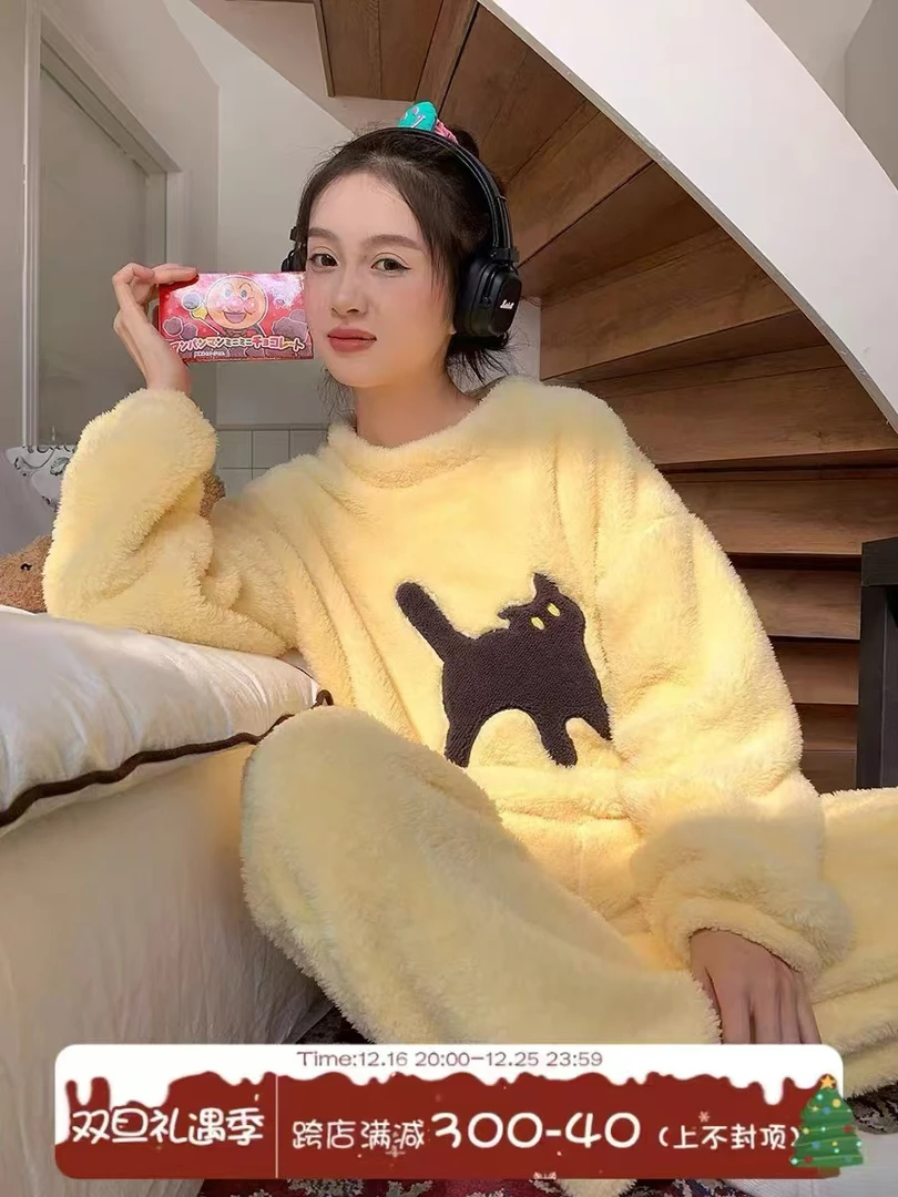ins甜酷猫半边绒睡衣女冬季长袖长裤加厚毛绒保暖家居服套装女孩