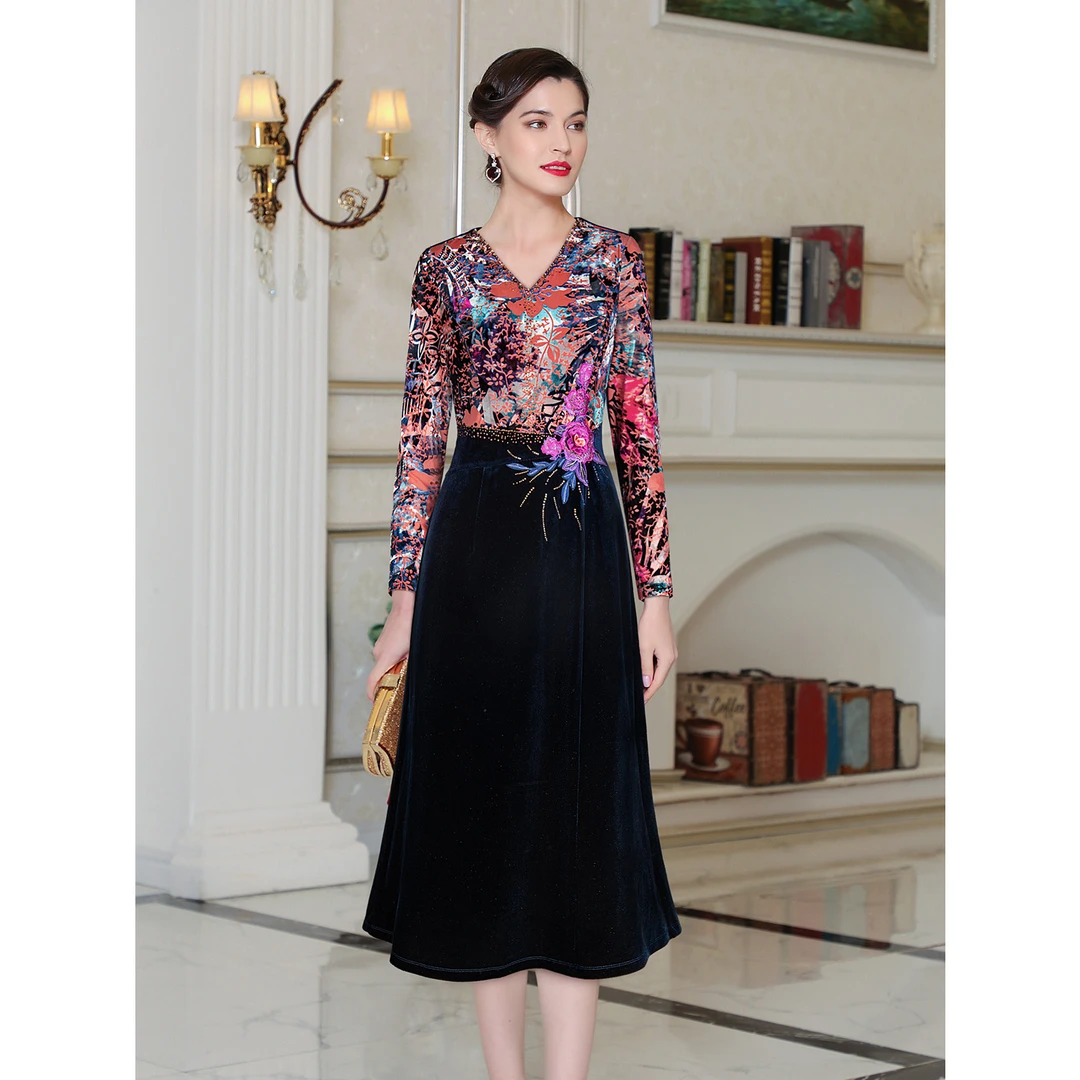 秋冬修身显瘦拼接女装连衣裙长款气质A字裙-65103