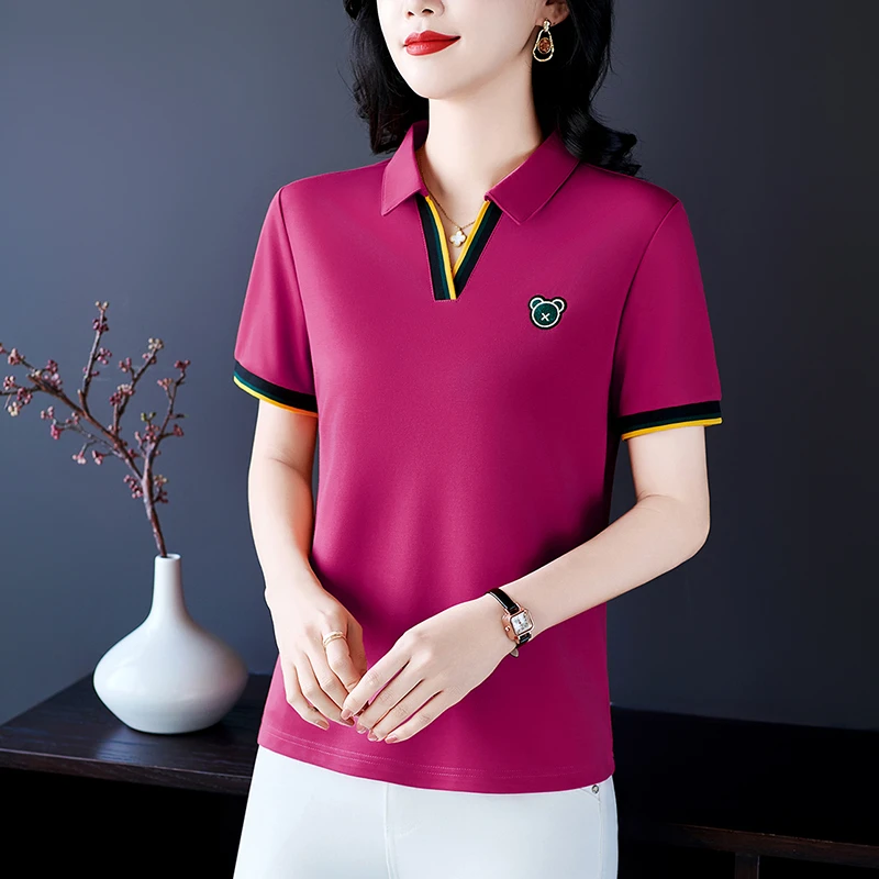 恩狐夏季新款撞色翻领短袖T恤时尚减龄中年妈妈装洋气上衣