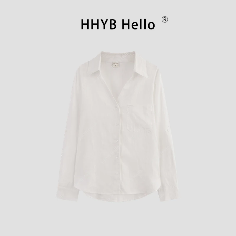 HHYB Hello2025春季新款简约百搭V领纯色系长袖女原麻衬衫Q252004