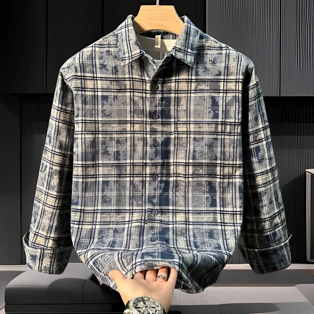 秋季日系潮流格子长袖衬衫男士新款时尚休闲百搭文艺宽松衬衣外套