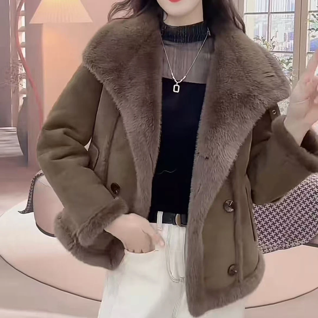 时尚立领防风宽松型冬季气质短款女保暖毛毛一体短外套大衣