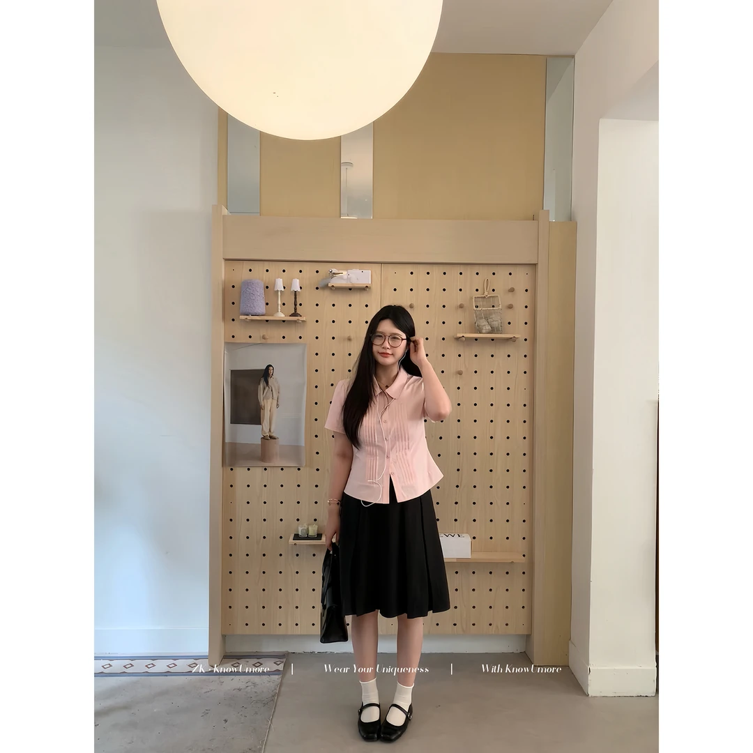 知葵微胖定制【粉黛少女】减龄甜美短袖衬衫半身裙套装12252CS2587