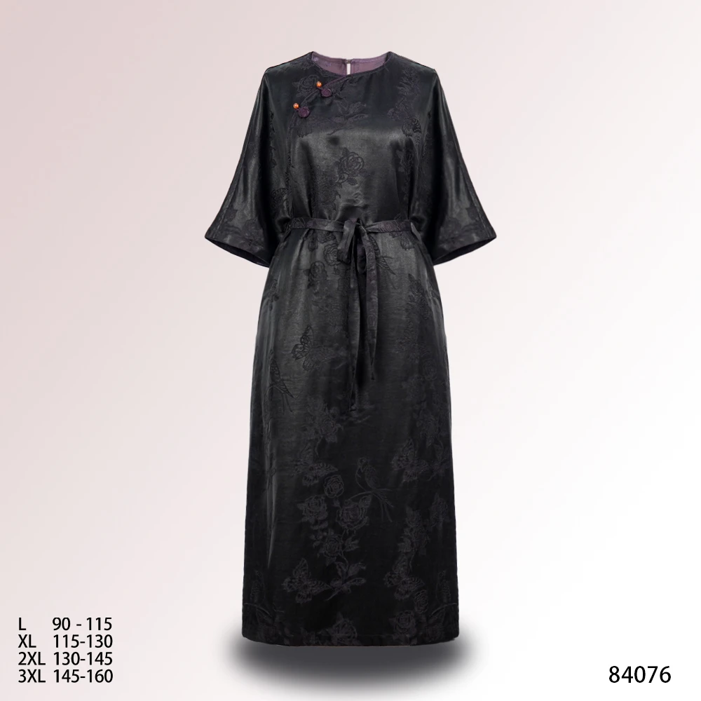 LL2025夏季新款五分袖紫色雀蝶圆领腰封优雅女时尚连衣裙84076