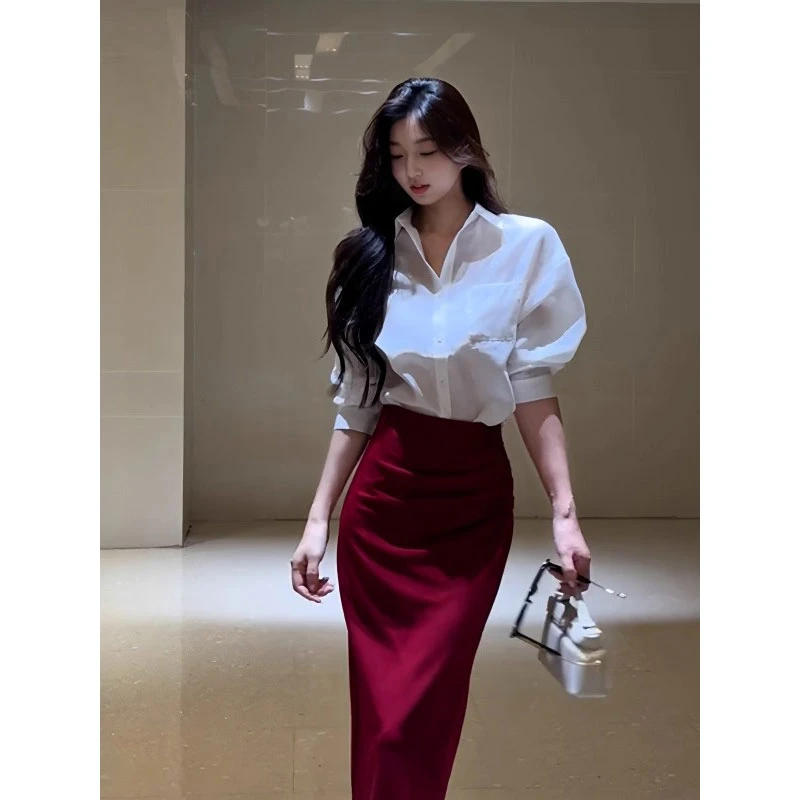 御姐高级感翻领长袖衬衫高腰红色包臀半身裙两件套女早秋韩系套装