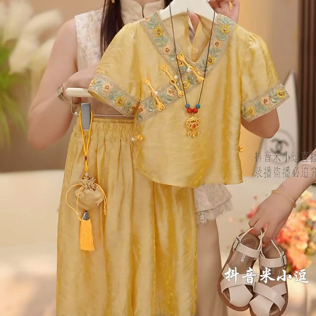 逗小铺【七尚】女童薄款新中式夏季中国风时髦短袖裤子套装k121