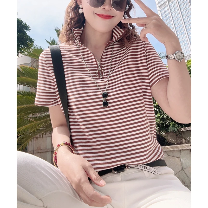 春季条纹短袖半高领T恤女上档次内搭洋气显瘦时尚上衣 82518-0215