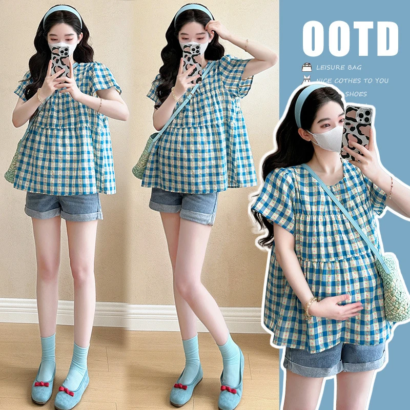 孕妇装爆款2025夏季新款宽松娃娃衫格子小清新时尚遮肚孕妇上衣女
