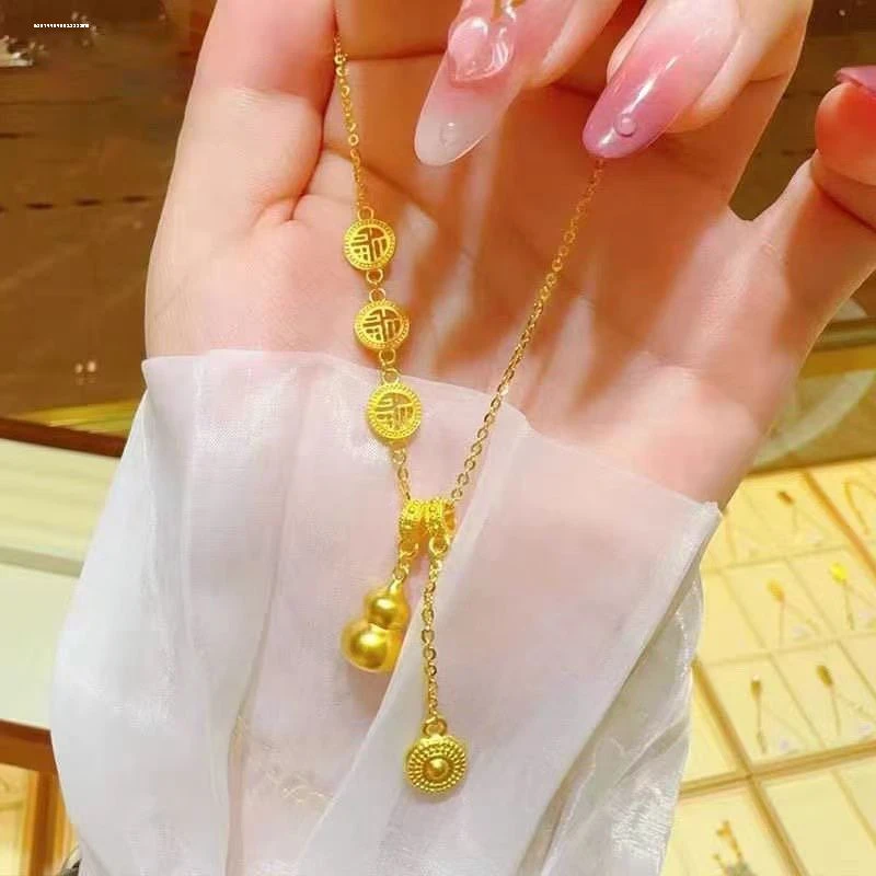 铜合金项链 古法福禄链项链女磨砂小众吉祥如意葫芦锁骨链送女友