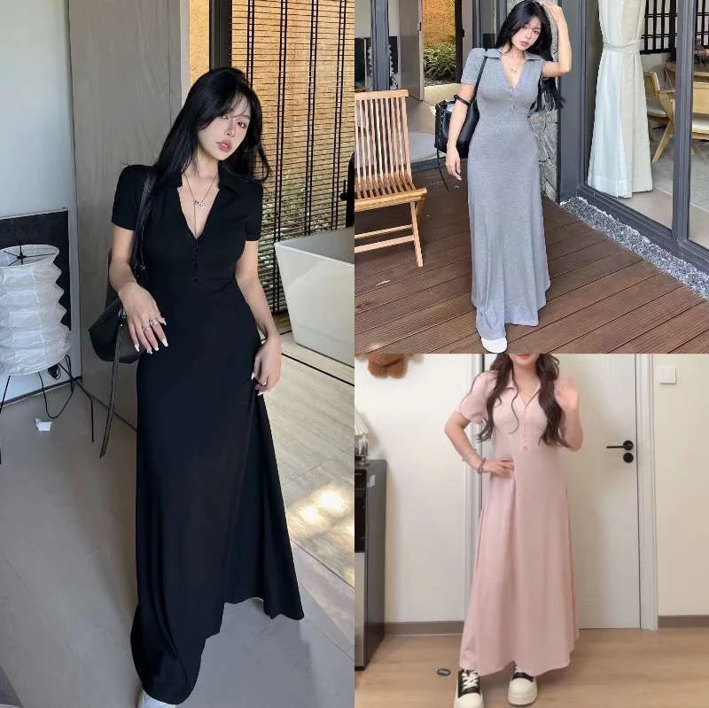 胖MM加肥翻领短袖长款连衣裙大码女装2025夏季款简约显瘦休闲裙子