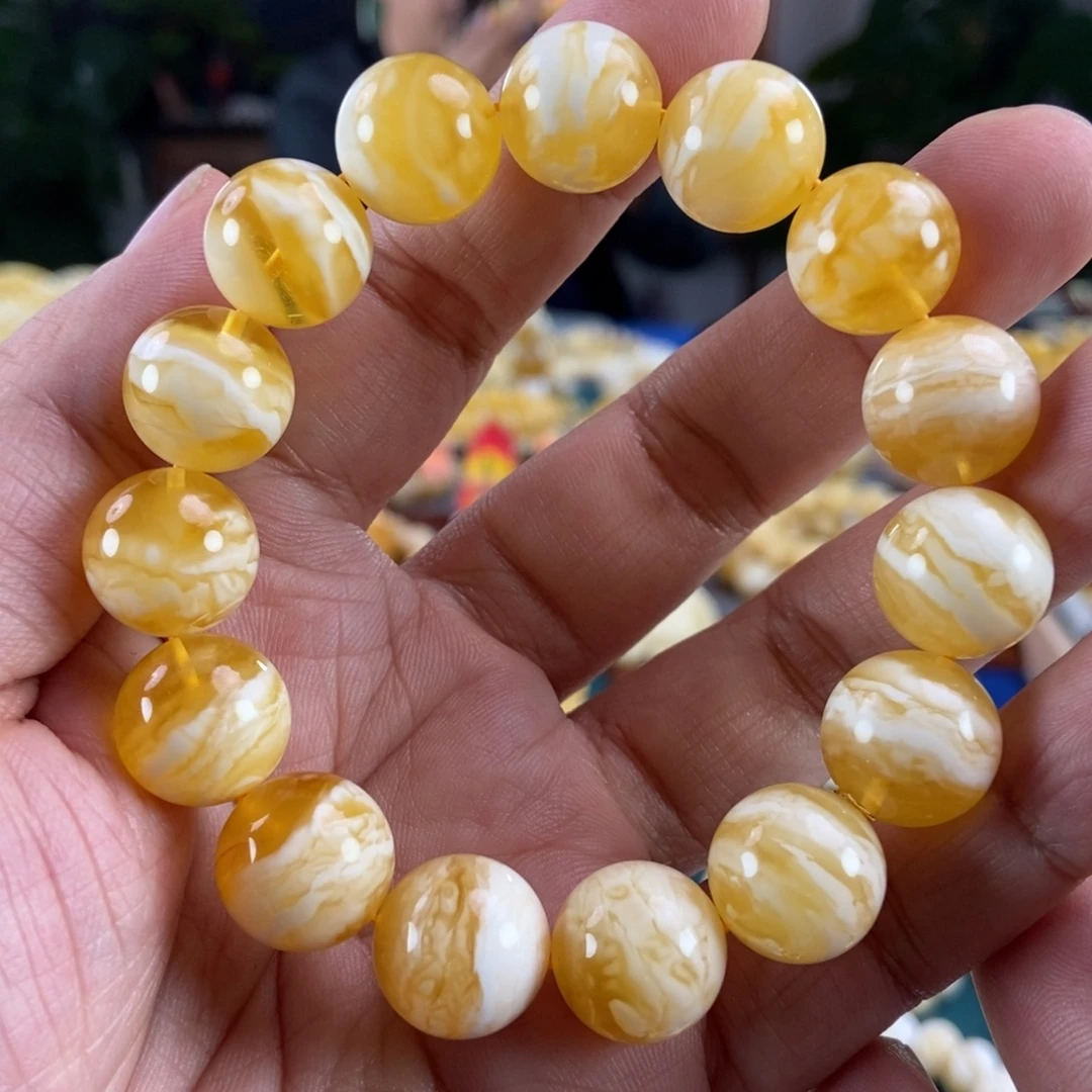 琥珀未镶嵌珠宝奇石14+金瓷白虎皮纹手串26.8