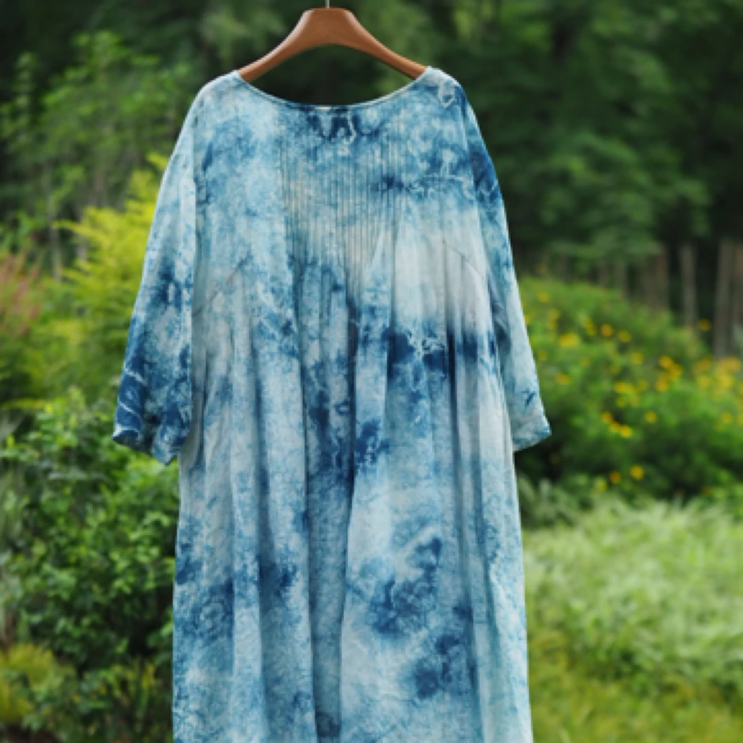 文艺扎染宽松大裙摆圆领苎麻蓝色连衣裙
