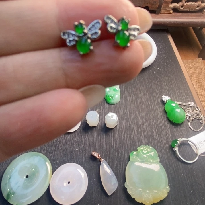 银S925镶嵌翡翠耳饰天然翡翠