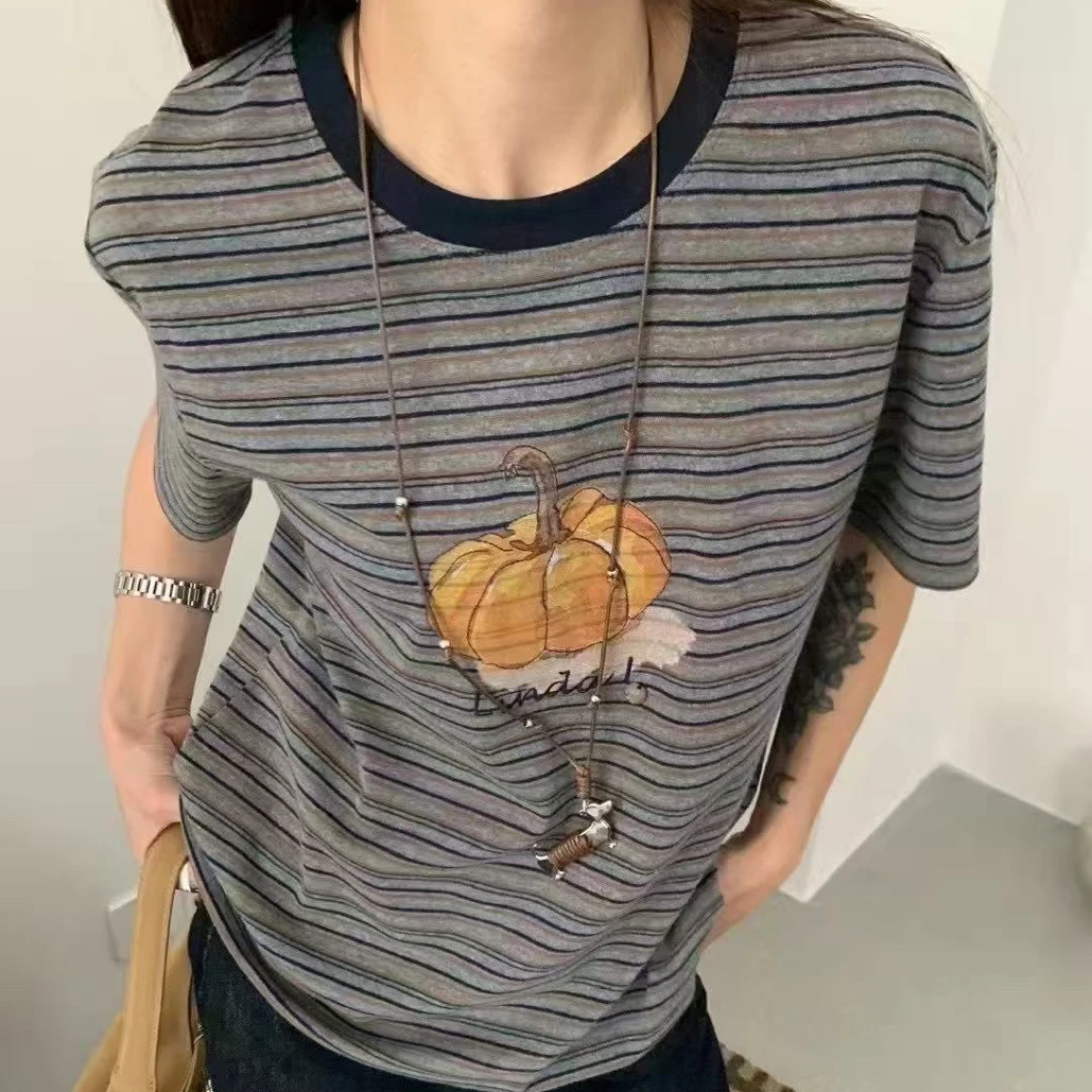 韩系南瓜印花条纹圆领套头短袖T恤女2025秋韩版时尚休闲打底上衣