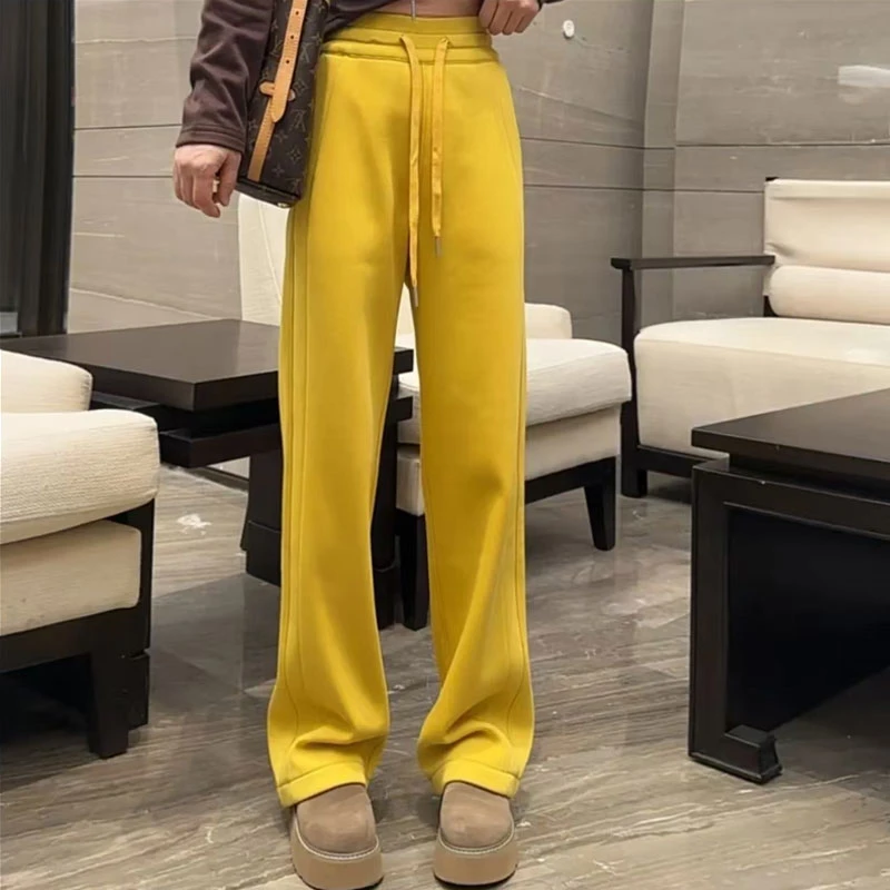 2025春秋新款黄色运动裤女高腰显瘦香蕉阔腿卫裤窄版休闲直筒裤子