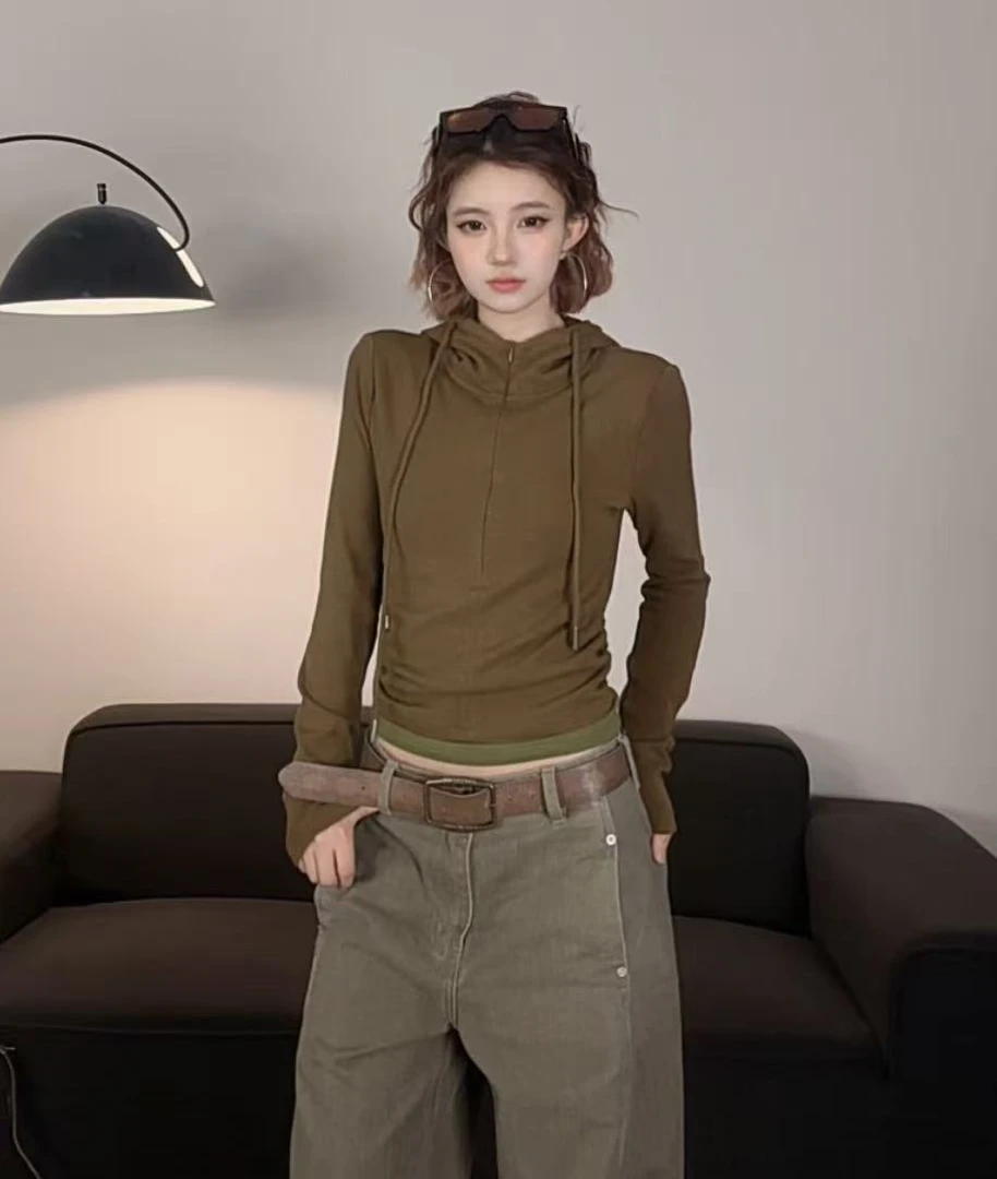 小众复古休闲连帽拉链假两件开衫女百搭长袖上衣#6667