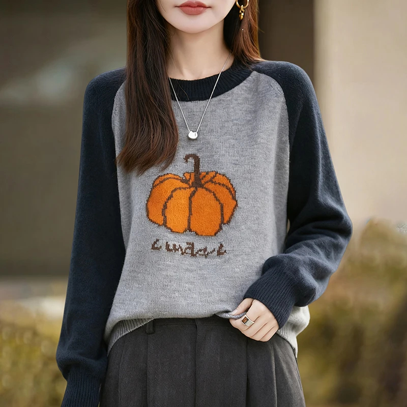 正品哥第女装新款针织圆领长袖南瓜提花毛针织衫百搭秋冬撞色衫