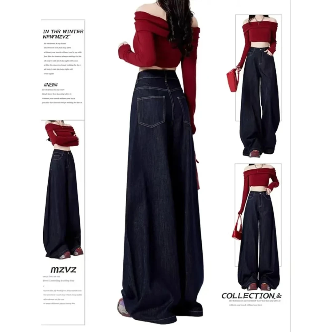 美式复古丹宁蓝牛仔裤女2025春秋高腰宽松显瘦垂感拖地裤子04