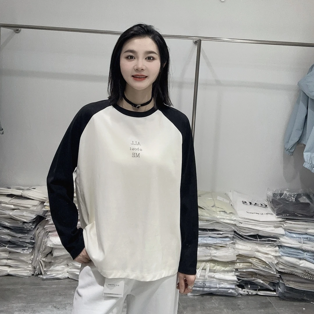 LMM 8518 撞色插肩袖字母印花长袖t恤女春季新款宽松显瘦百搭