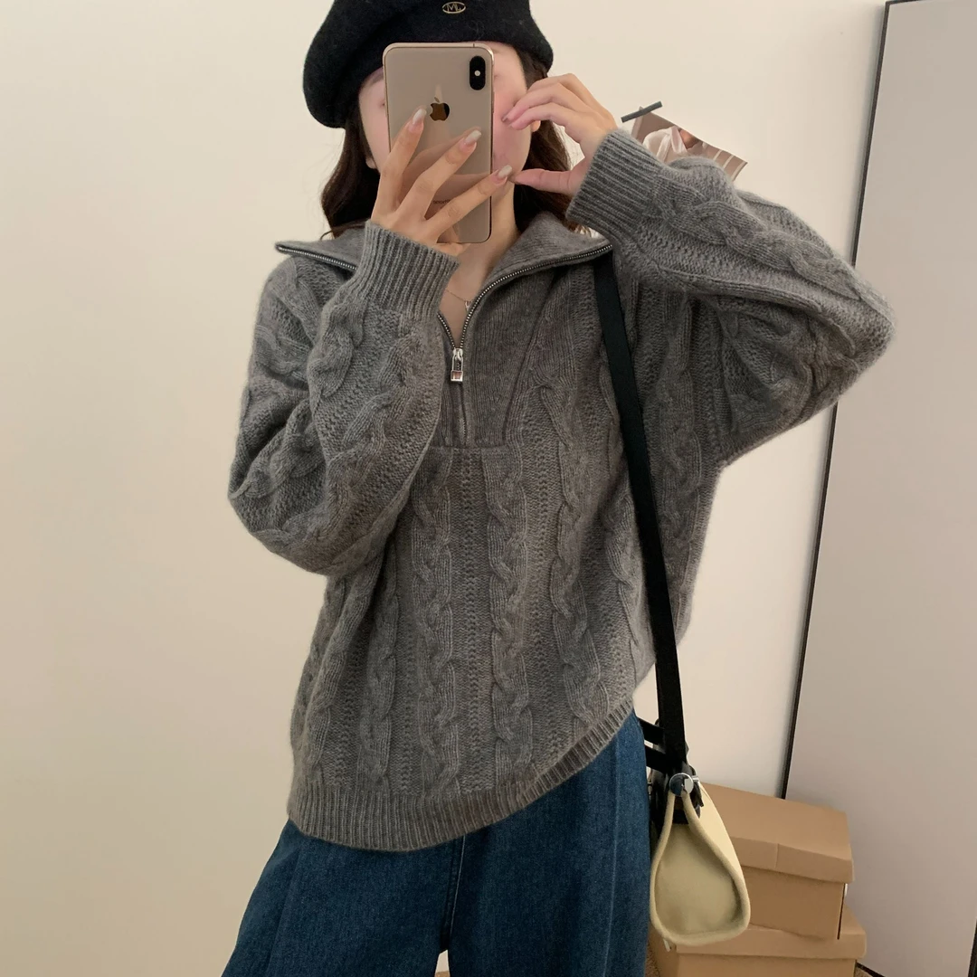 YAERMEI/雅而美秋冬百搭套头可翻领可高领休闲宽松麻花丝羊绒8032