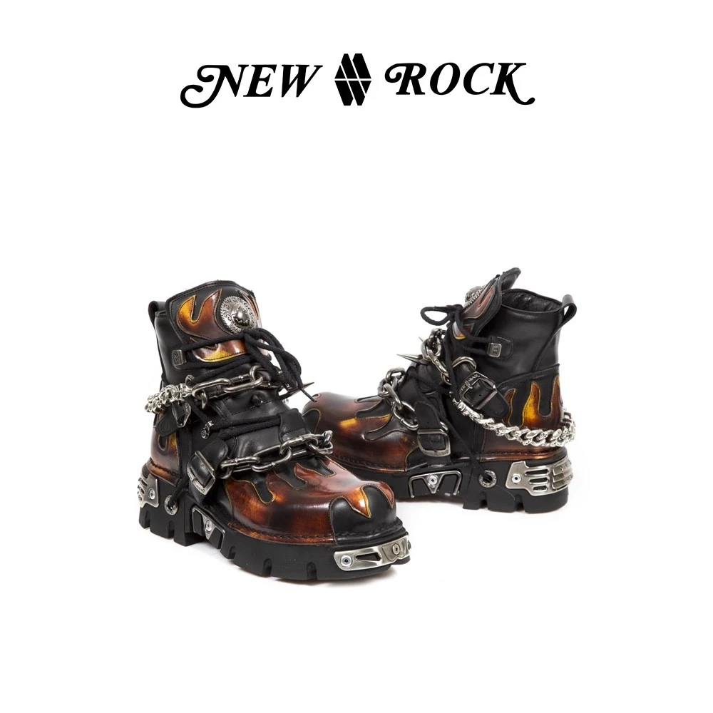 NEWROCK官方正品手工进口真皮定制火焰金属铁链朋克厚底短筒皮靴